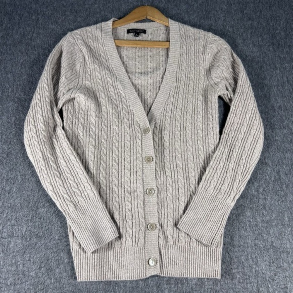 Express Cashmere Tan Cable Knit Cardigan‎ Sweater SZ L Y2K Preppy Soft Coquette